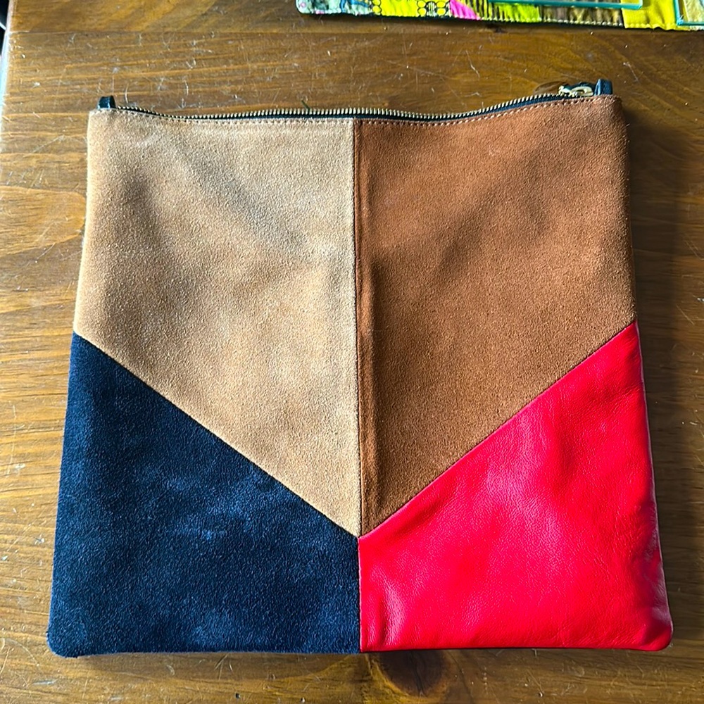 EUC Foldover clutch with tabs- suede & Napa patchwork